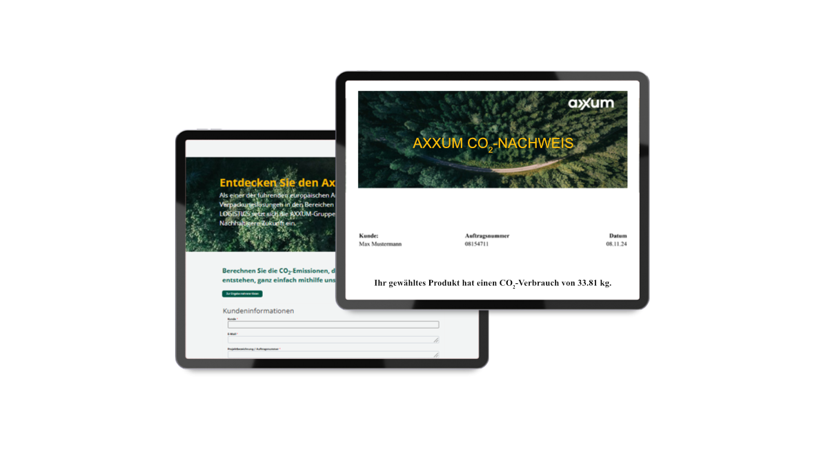 Screenshot des AXXUM CO2-Kalkulators auf zwei Tablets