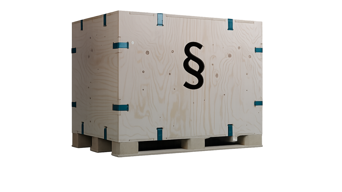 Holzkiste mit schwarzem Paragrafenzeichen auf einer Palette