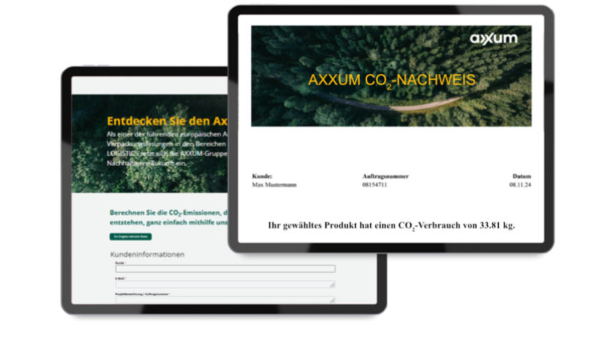 Screenshots des CO2-Kalkulators von AXXUM auf zwei Tablets