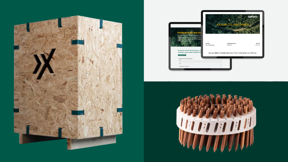 Links die kliXXkiste von AXXUM aus OSB-Platten, rechts oben zwei digitale Geräte mit dem CO2-Kalkulator von AXXUM als Bildschirmdarstellung und unten rechts eine runde Anordnung von LignoLoc® Holznägeln.
