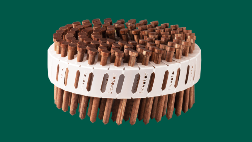 LignoLoc® Holznägel in einer spiralförmigen Anordnung auf einer weißen Kunststoffhalterung vor grünem Hintergrund