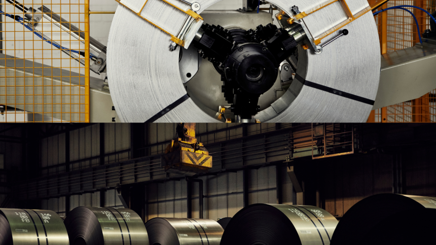 Nahaufnahme einer großen Metallspule in einer Fabrikumgebung mit Maschinen und orangefarbener Gitterbarriere. Darunter mehrere gestapelte Metallspulen in einem schwach beleuchteten Industrielager.